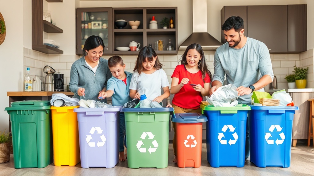 Família feliz praticando reciclagem doméstica em 2026