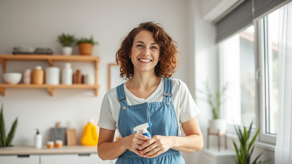 Mulher sorridente preparando-se para uma faxina completa em casa