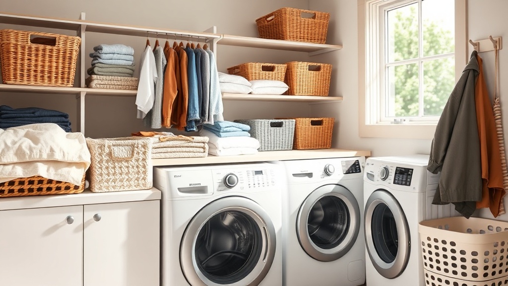 Lavanderia prática e organizada com máquinas e cestos.