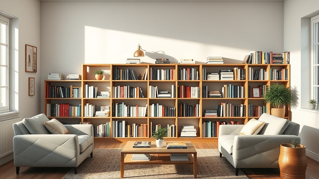Mulher organizando uma estante de livros, exemplificando a organização da casa de forma eficiente e calma.