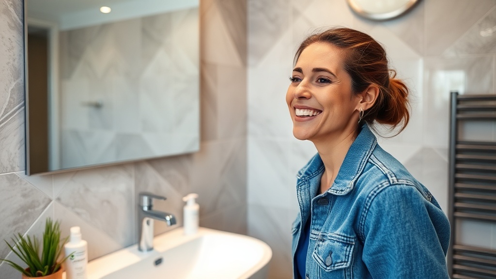 Pessoa feliz limpando banheiro, com produtos de limpeza de banheiro.