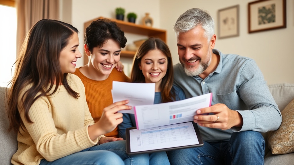 Família feliz revisando contas e orçamento em uma planilha, simbolizando economia doméstica.
