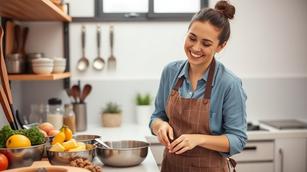 Mulher aplicando truques para cozinha em um ambiente organizado.