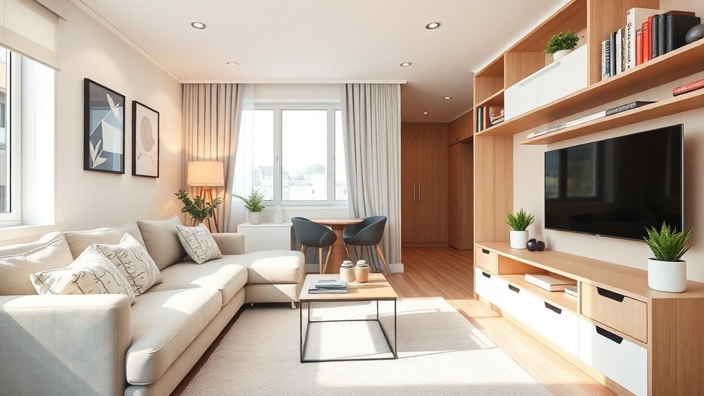 Sala de estar organizada com otimização de espaço em casa pequena