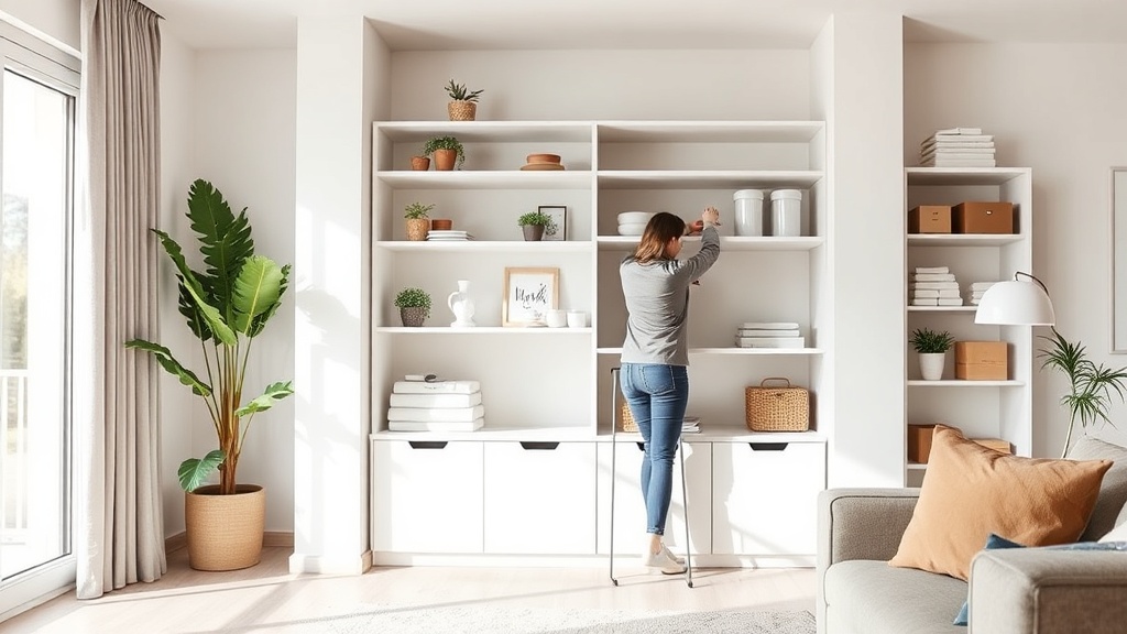 Casa Organizada: 7 Rotinas Simples para Manter Tudo no Lugar! 2 Mulher organizando prateleira em uma casa organizada e moderna.